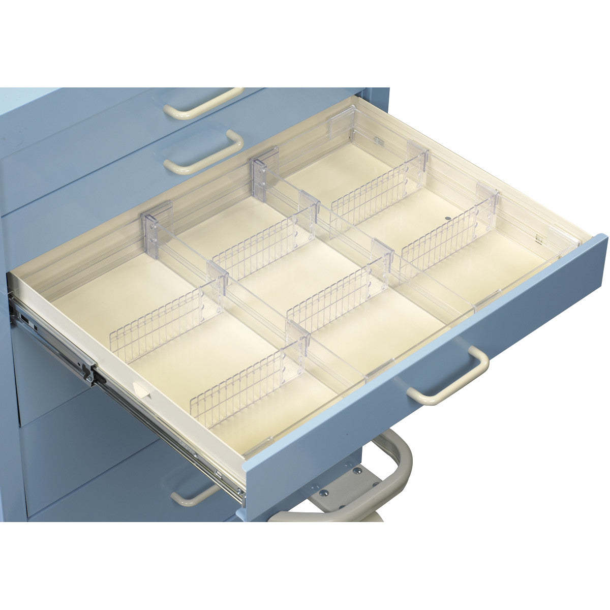A modular drawer with transparent dividers from the AliMed Cart Accessory: Modular Drawer Divider Kit for organizing medical carts.