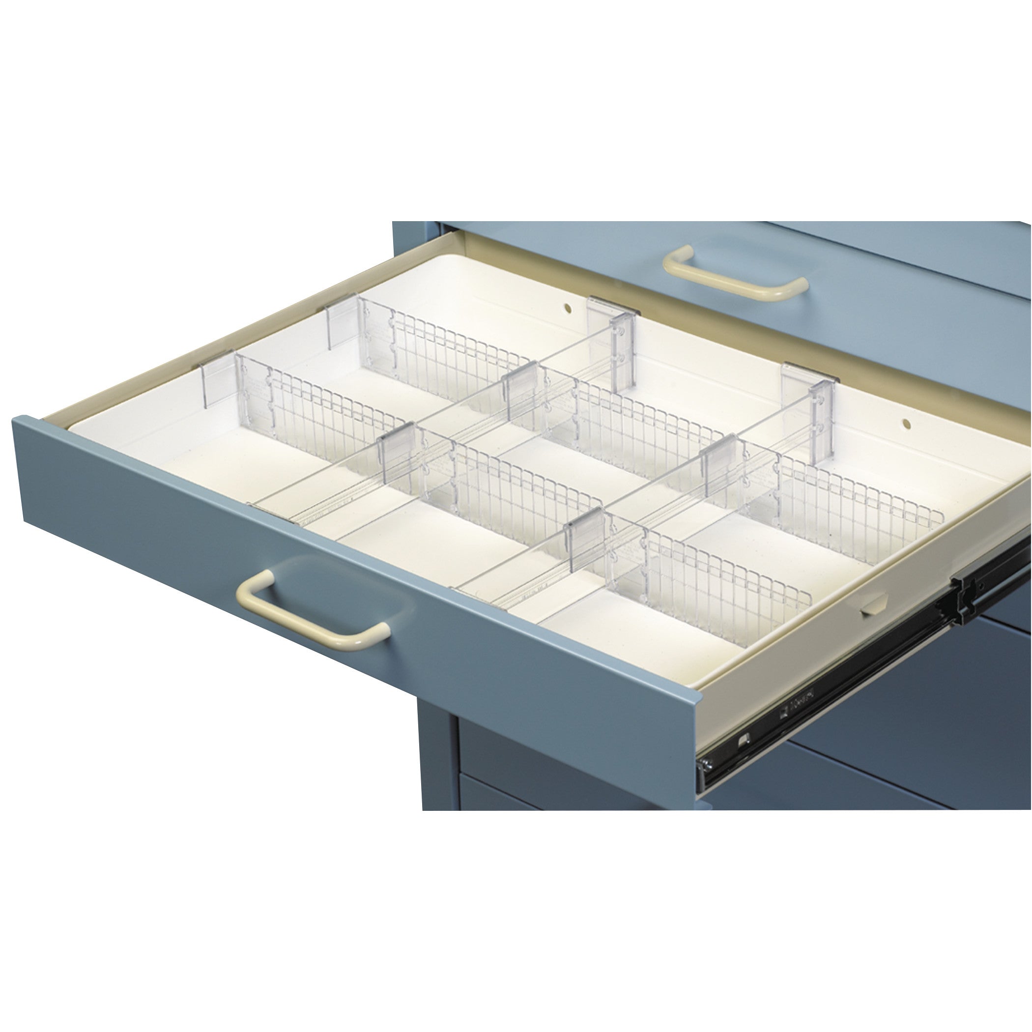 Open medical cart drawer with AliMed Cart Accessory: Full Drawer Tray Kit for 3"H Drawers, featuring transparent dividers.