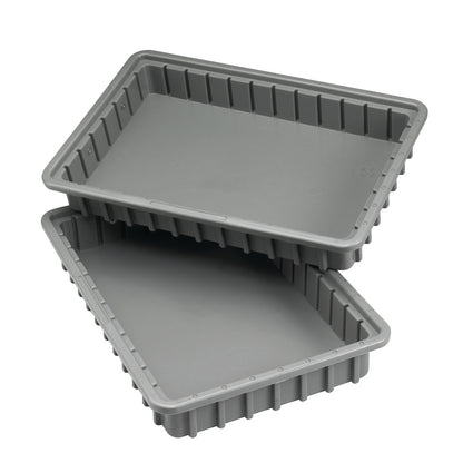 Two gray plastic trays, labeled as AliMed Cart Accessory: Drawer Tray Only for Select/Standard/Wide Series Medical Carts, stacked together.