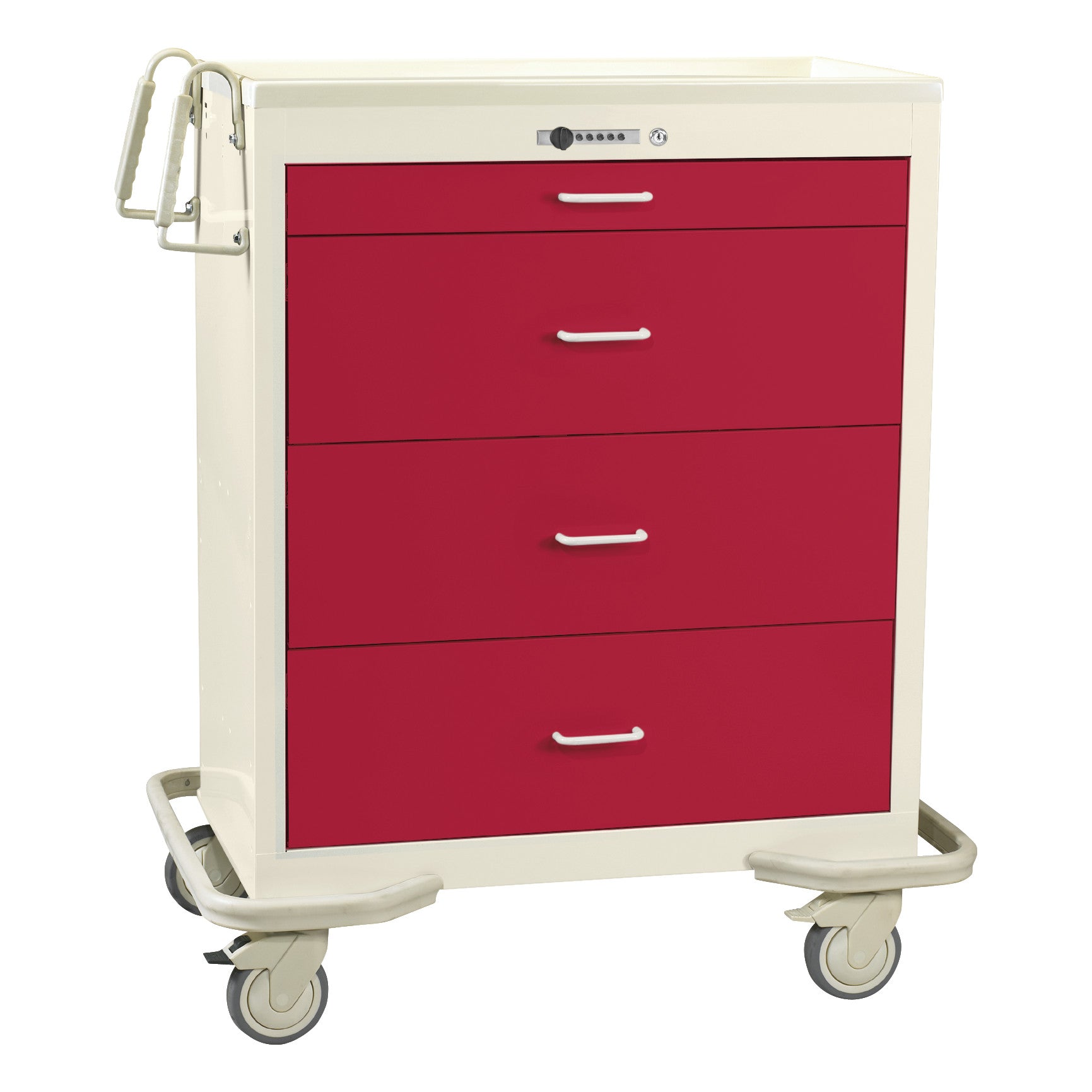 AliMed Wide Series 4-Drawer Isolation Cart with Push-Button Lock. It has red drawers, a beige frame, and caster wheels.