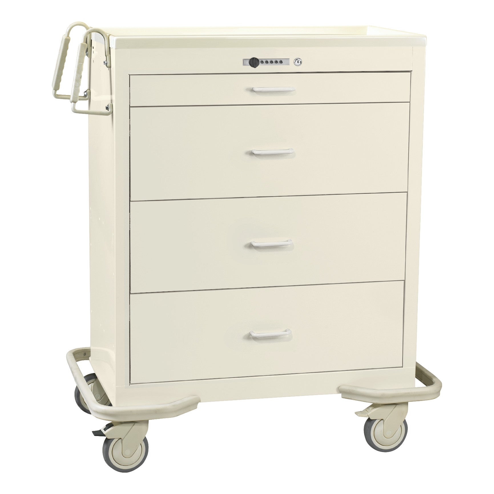 AliMed Wide Series 4-Drawer Isolation Cart with Push-Button Lock features a beige design, four drawers, and sturdy wheels.