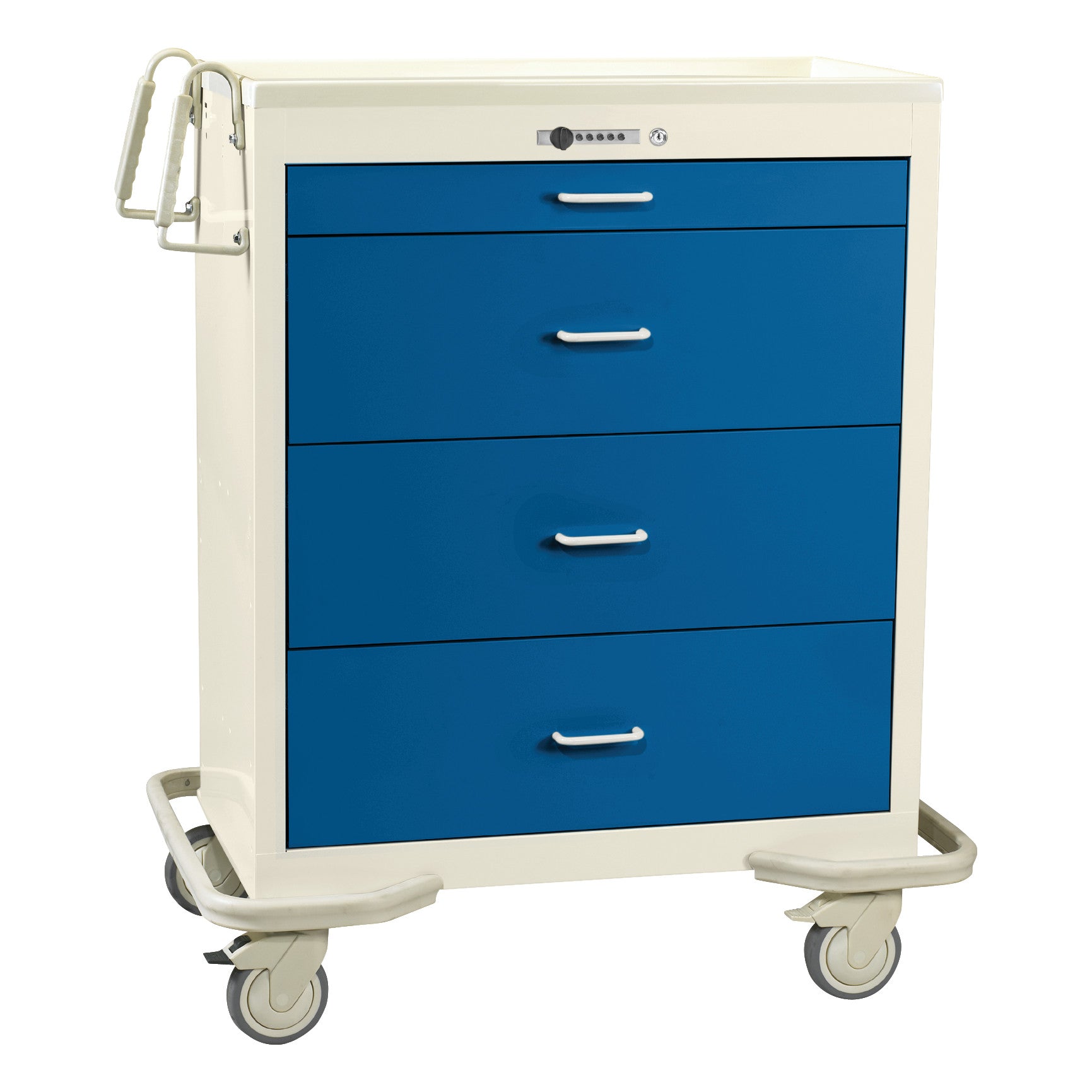 AliMed Wide Series 4-Drawer Isolation Cart with Push-Button Lock, featuring blue drawers, wheels, and a handle for mobility.