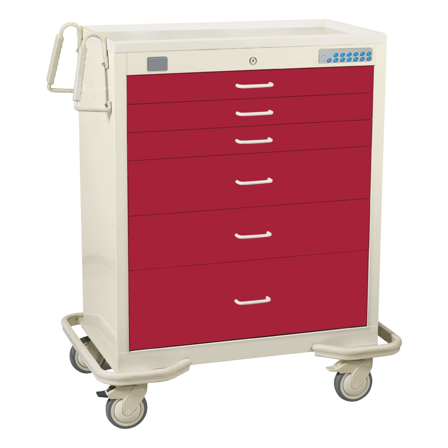 AliMed Wide Series 6-Drawer Anesthesia/Procedure Cart with Proximity Lock, featuring red drawers and four casters.
