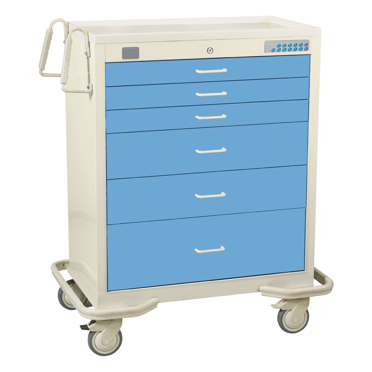 The AliMed Wide Series 6-Drawer Anesthesia/Procedure Cart with Proximity Lock is ivory with blue drawers and four caster wheels.