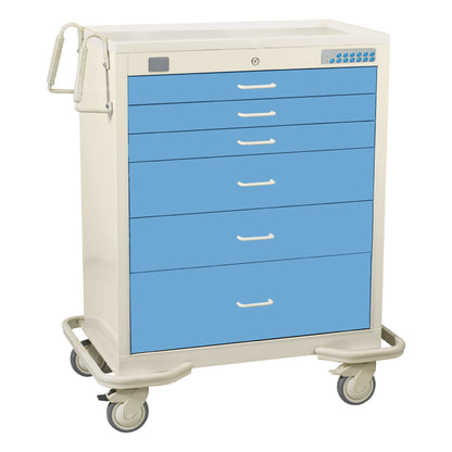 The AliMed Wide Series 6-Drawer Anesthesia/Procedure Cart with Proximity Lock is ivory with blue drawers and four caster wheels.