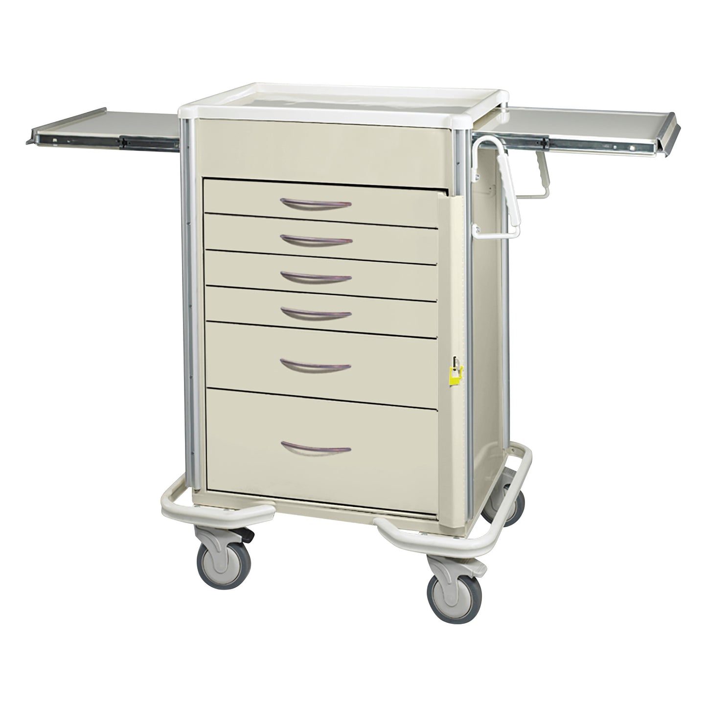 The AliMed Select Series 6-Drawer Emergency Cart features 27" of drawer space, with wheels for mobility and pull-out side trays.