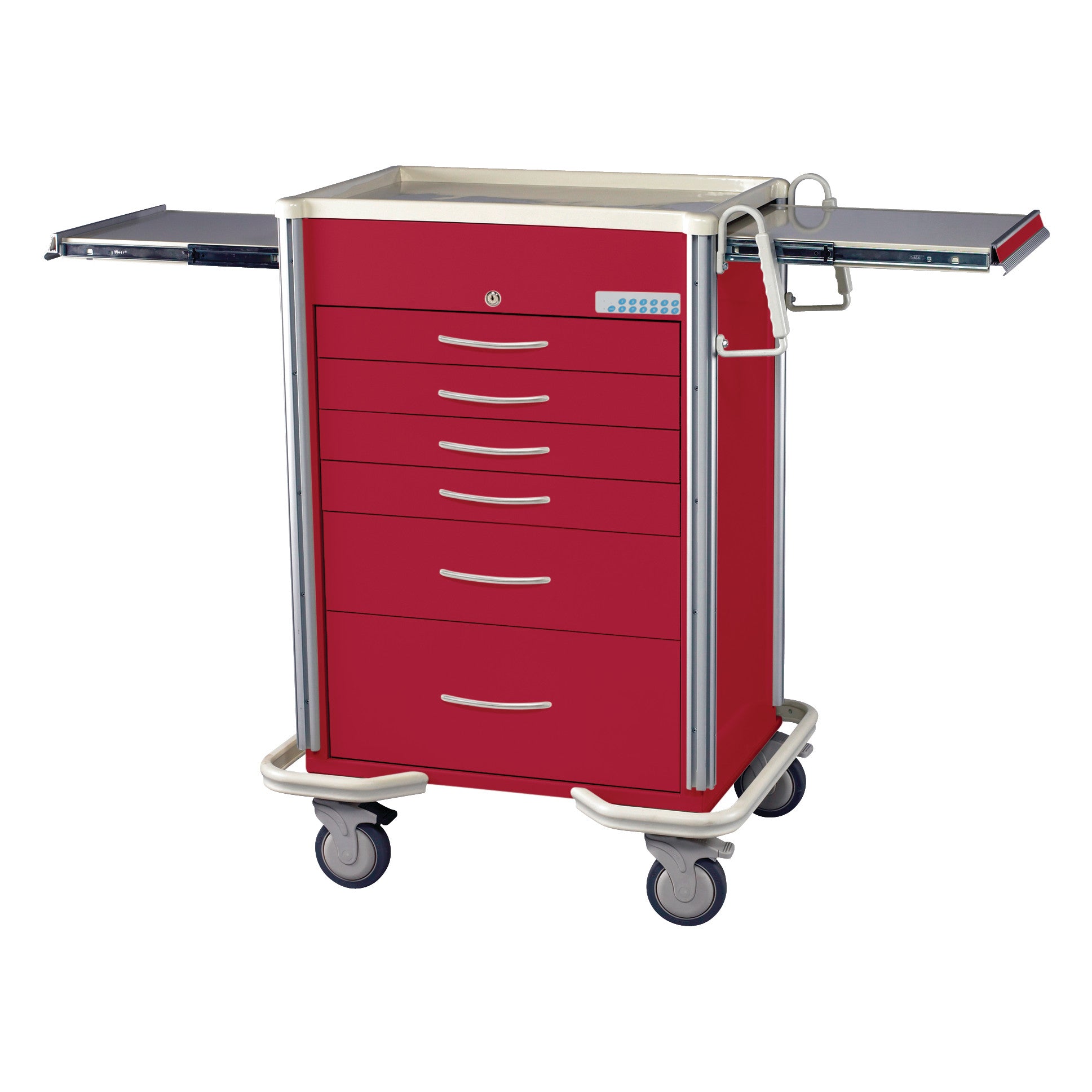 Red AliMed Select Series 6-Drawer Anesthesia/Procedure Cart with Electronic Lock, 27" drawer space, and swivel wheels.