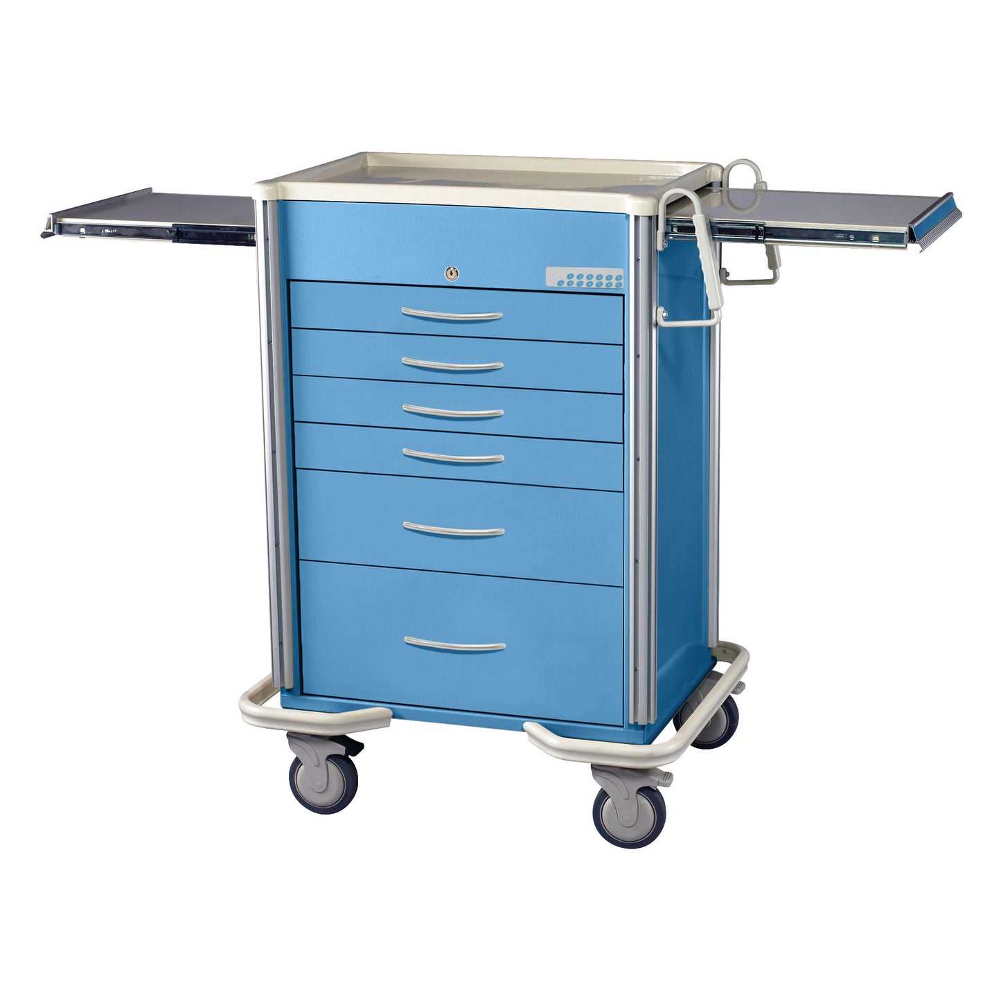 AliMed Select Series 6-Drawer Anesthesia/Procedure Cart with Electronic Lock, 27" Drawer Space features extendable trays and caster wheels.