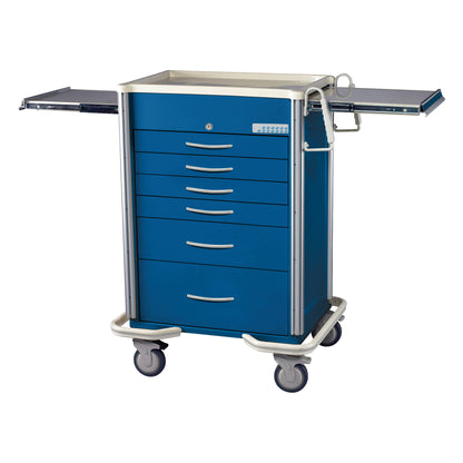 The AliMed Select Series 6-Drawer Anesthesia/Procedure Cart with Electronic Lock, 27" Drawer Space is blue with silver handles and wheels.