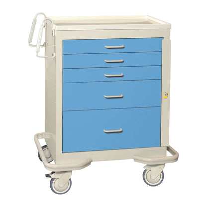 AliMed Standard Series 5-Drawer Emergency Cart with blue drawers, white top, and four wheels for mobility.