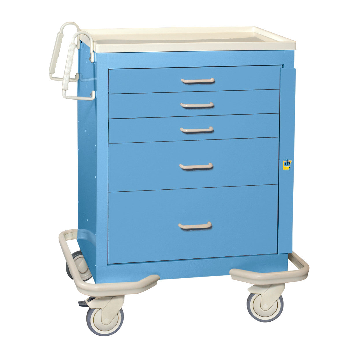 AliMed Standard Series 5-Drawer Emergency Cart in blue with five drawers, a shelf on top, and four wheels for mobility.