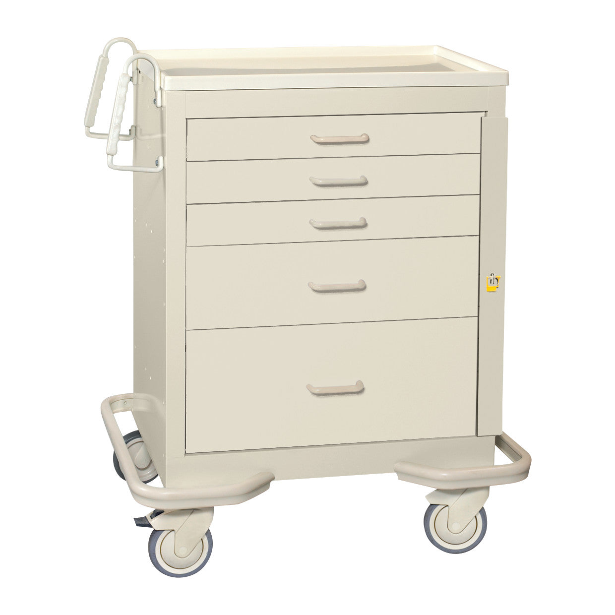 AliMed Standard Series 5-Drawer Emergency Cart with gray handles, side bumper guards, and wheels for mobility.