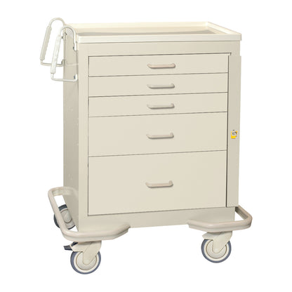 AliMed Standard Series 5-Drawer Emergency Cart with gray handles, side bumper guards, and wheels for mobility.