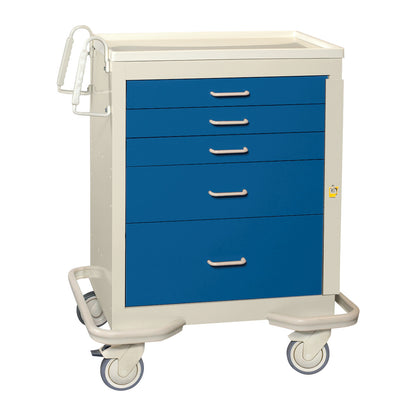 AliMed Standard Series 5-Drawer Emergency Cart with blue drawers, white frame, handles, and wheels for mobility.
