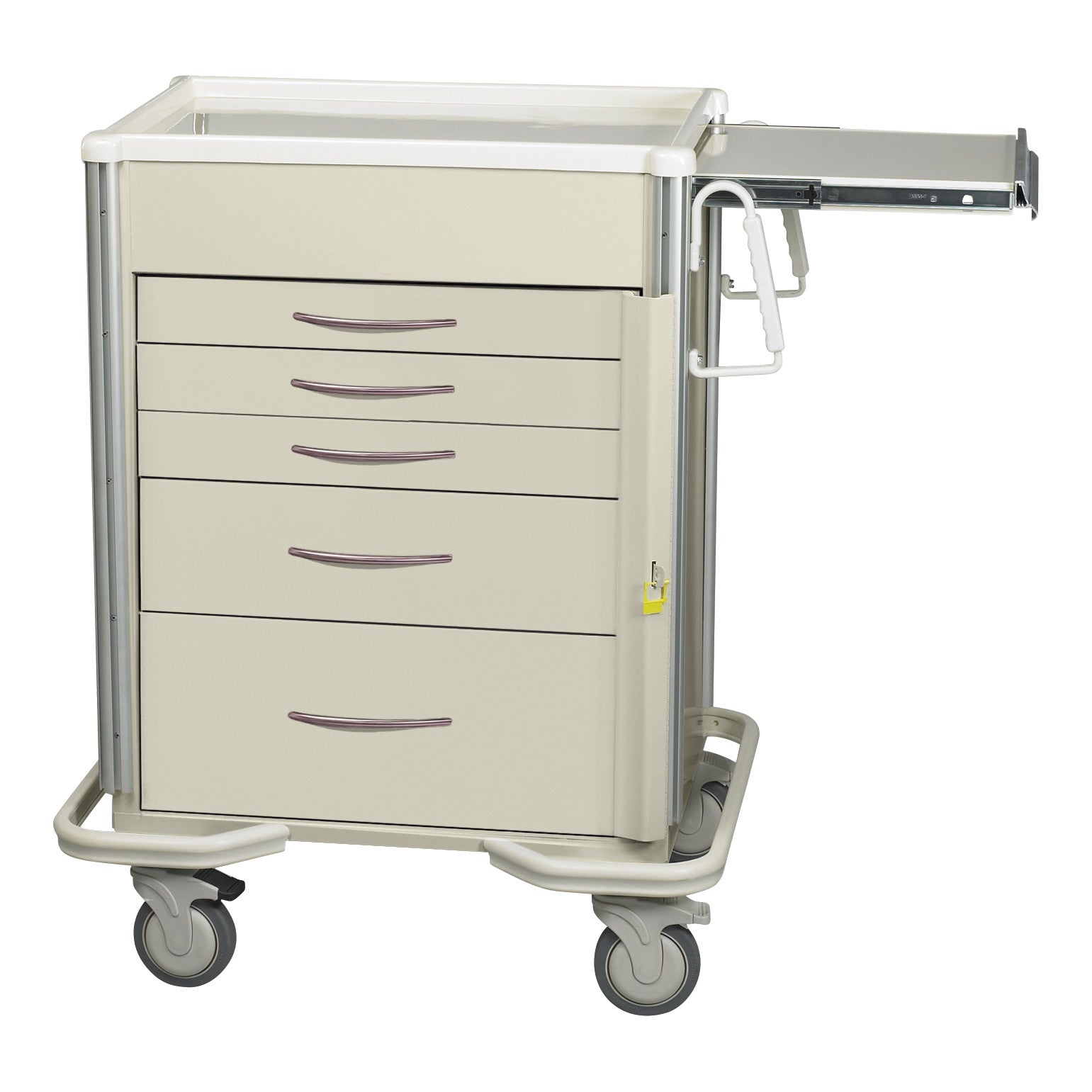 AliMed Select Series 5-Drawer Emergency Cart with beige drawers, push handles, and caster wheels, featuring a pull-out tray.