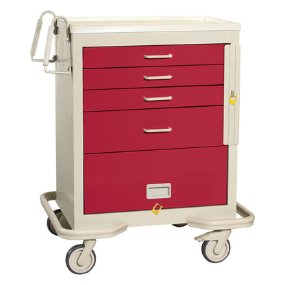 The AliMed Standard Series 4-Drawer Emergency Cart with Bottom Panel features four red drawers, caster wheels, and side handles.