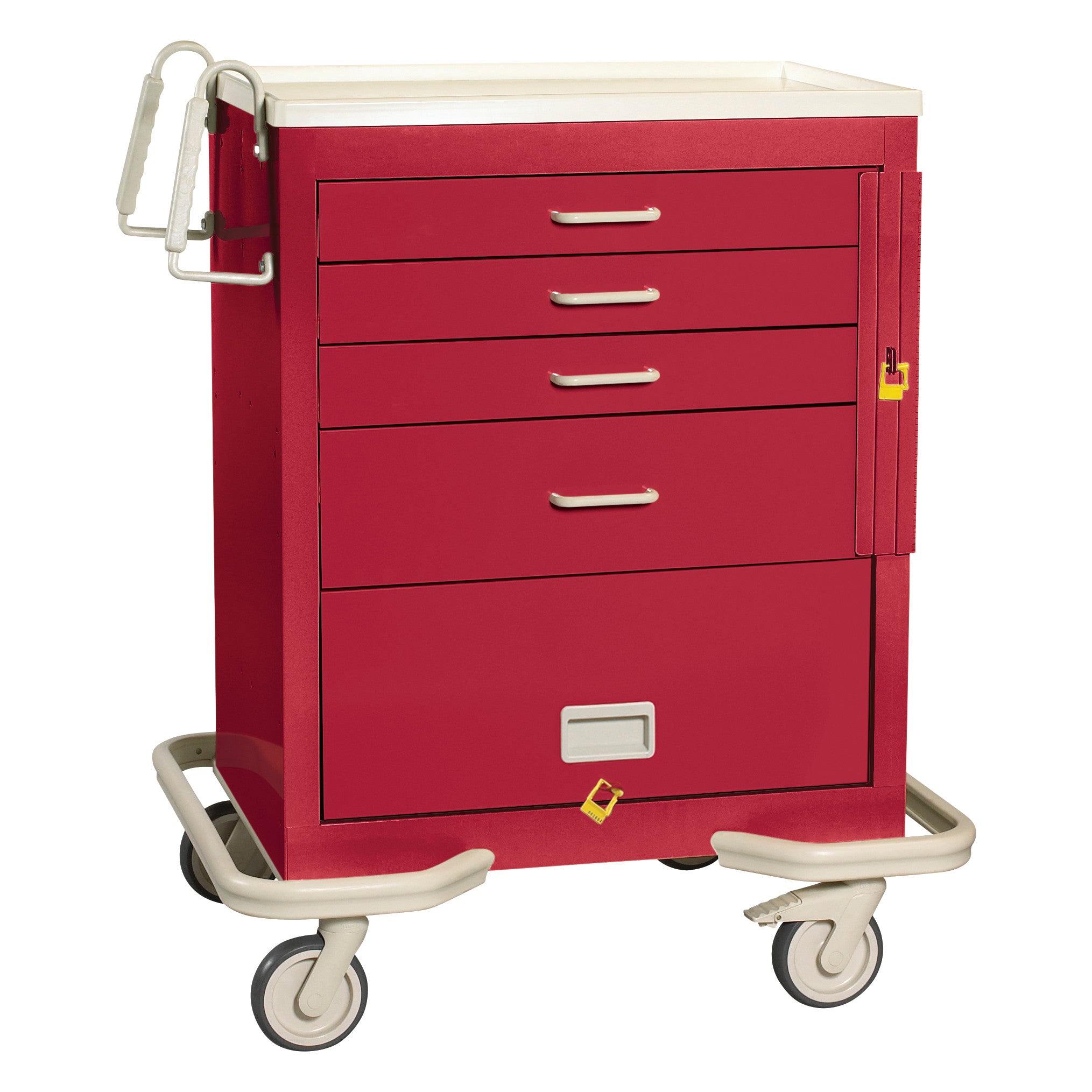 The AliMed Standard Series 4-Drawer Emergency Cart with Bottom Panel is red, has four drawers, wheels, and a side handle.