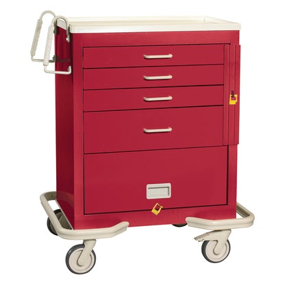The AliMed Standard Series 4-Drawer Emergency Cart with Bottom Panel is red, has four drawers, wheels, and a side handle.