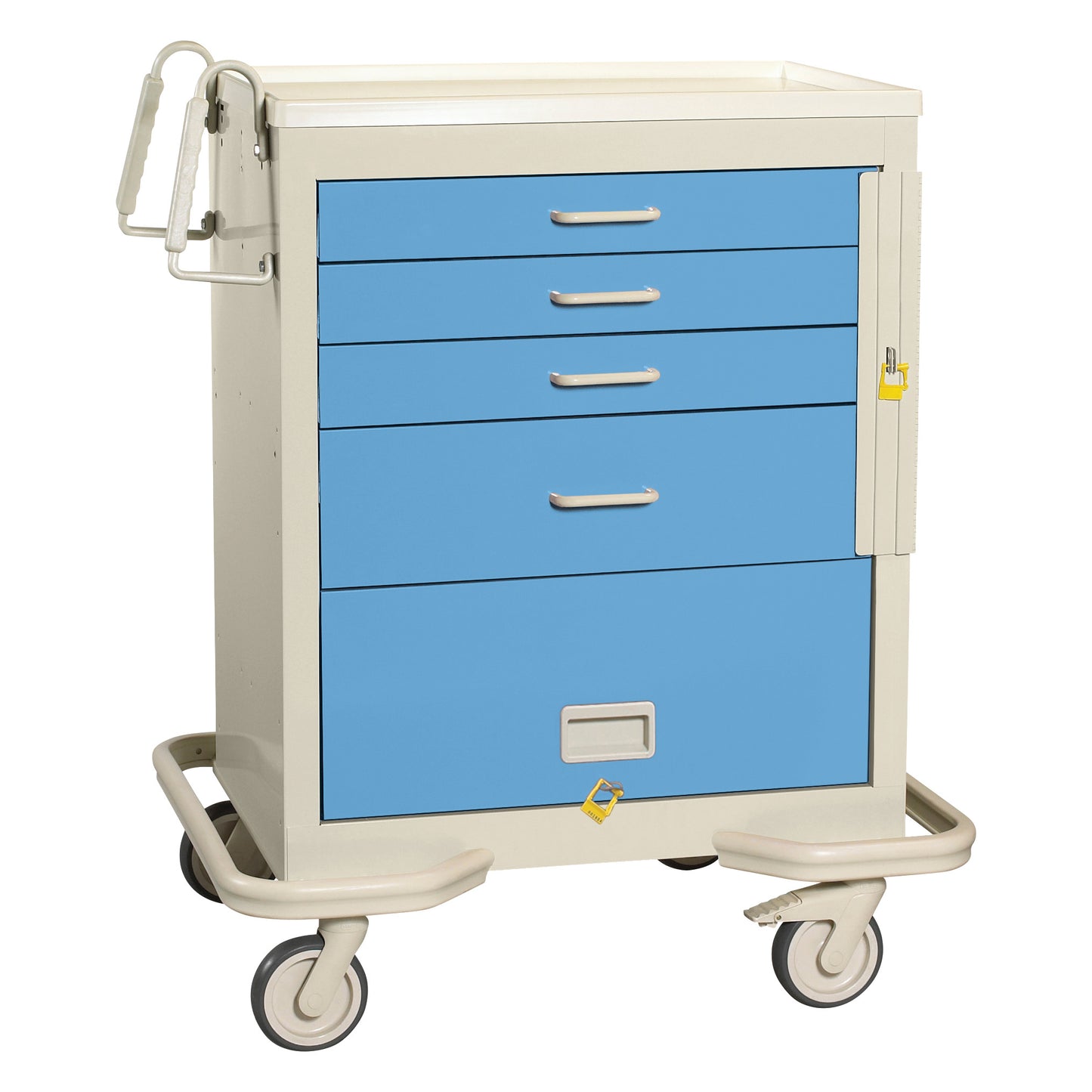 AliMed Standard Series 4-Drawer Emergency Cart with Bottom Panel, featuring a white frame, blue drawers, and wheels for mobility.