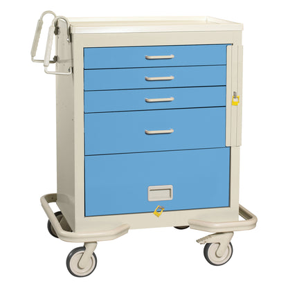 AliMed Standard Series 4-Drawer Emergency Cart with Bottom Panel, featuring a white frame, blue drawers, and wheels for mobility.