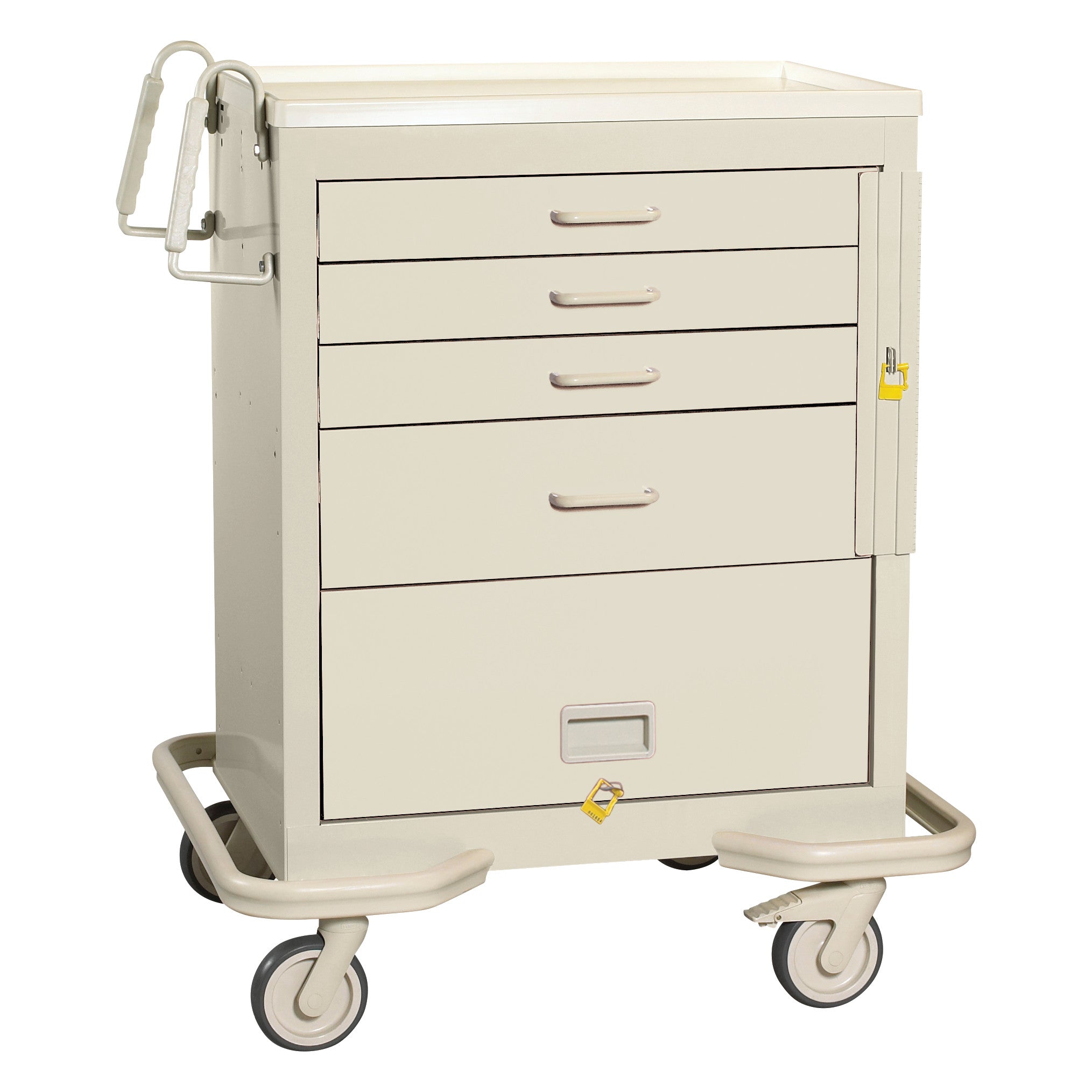The AliMed Standard Series 4-Drawer Emergency Cart with Bottom Panel is beige, has four drawers, a side compartment, and wheels.