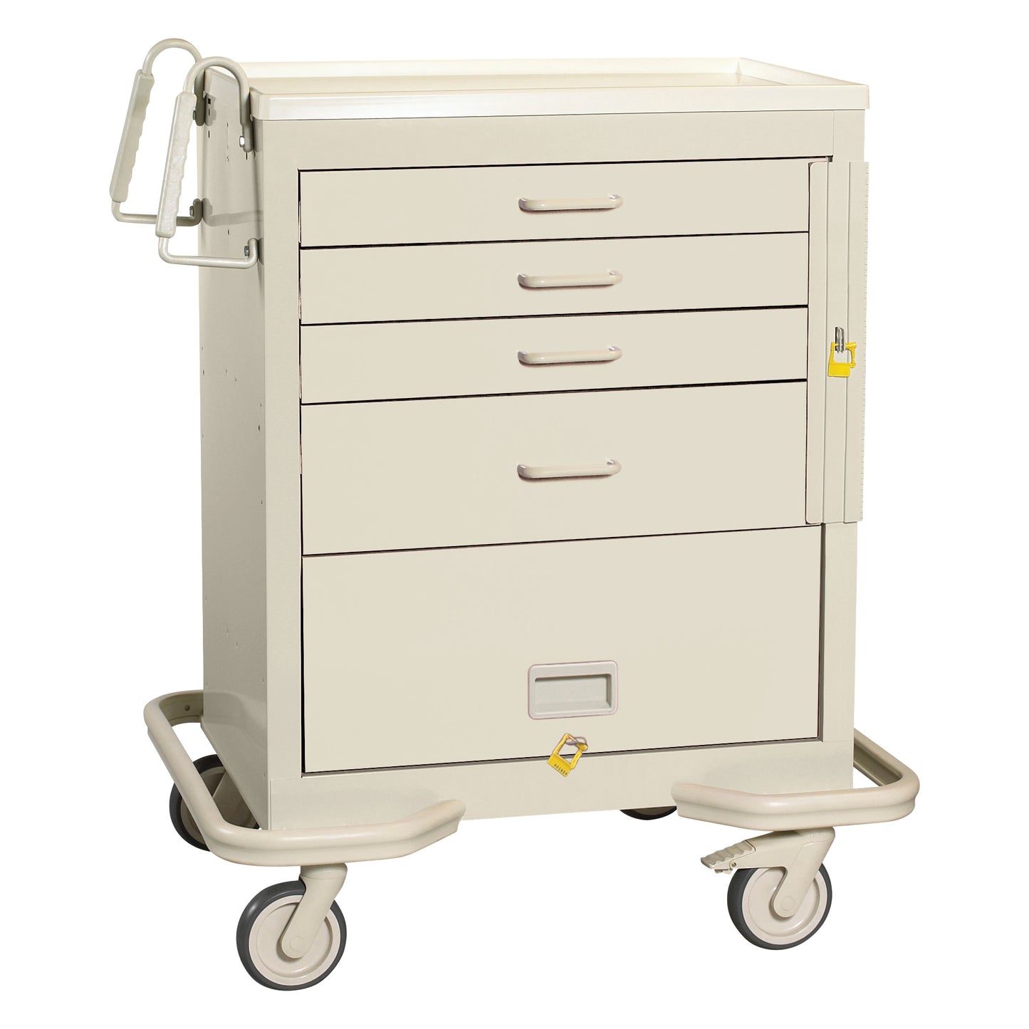 The AliMed Standard Series 4-Drawer Emergency Cart with Bottom Panel is beige, has four drawers, a side compartment, and wheels.