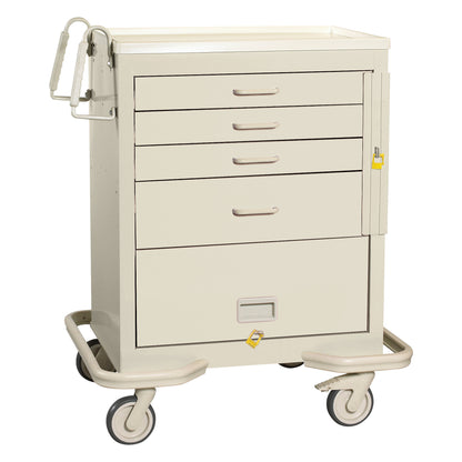 The AliMed Standard Series 4-Drawer Emergency Cart with Bottom Panel is beige, has four drawers, a side compartment, and wheels.