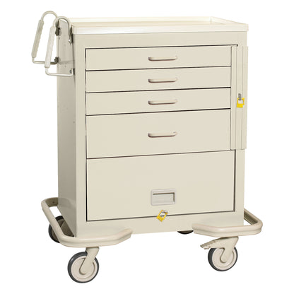 AliMed Standard Series 4-Drawer Emergency Cart with Bottom Panel has four drawers, a side handle, and wheels for mobility.