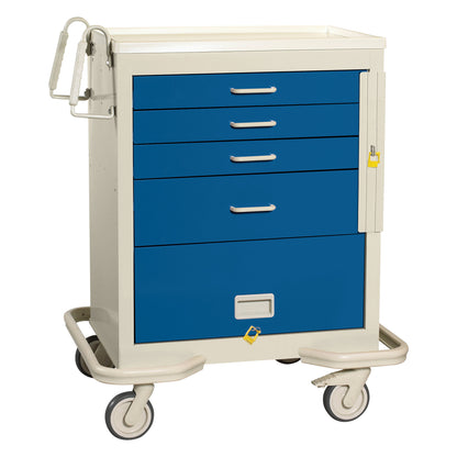 AliMed Standard Series 4-Drawer Emergency Cart with Bottom Panel, features blue drawers, a side handle, and four wheels.