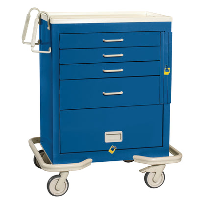Blue AliMed Standard Series 4-Drawer Emergency Cart with Bottom Panel, featuring a side handle and four caster wheels.