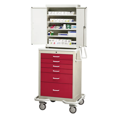 AliMed Standard Series 6-Drawer Suture Cart with Key Lock features red drawers and an open cabinet with medical supplies on top.