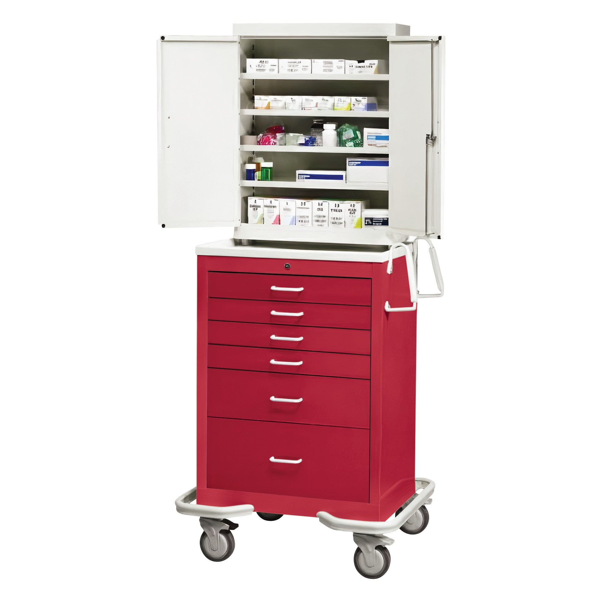 AliMed Standard Series 6-Drawer Suture Cart with Key Lock features open shelves and drawers, stocked with medical supplies on wheels.
