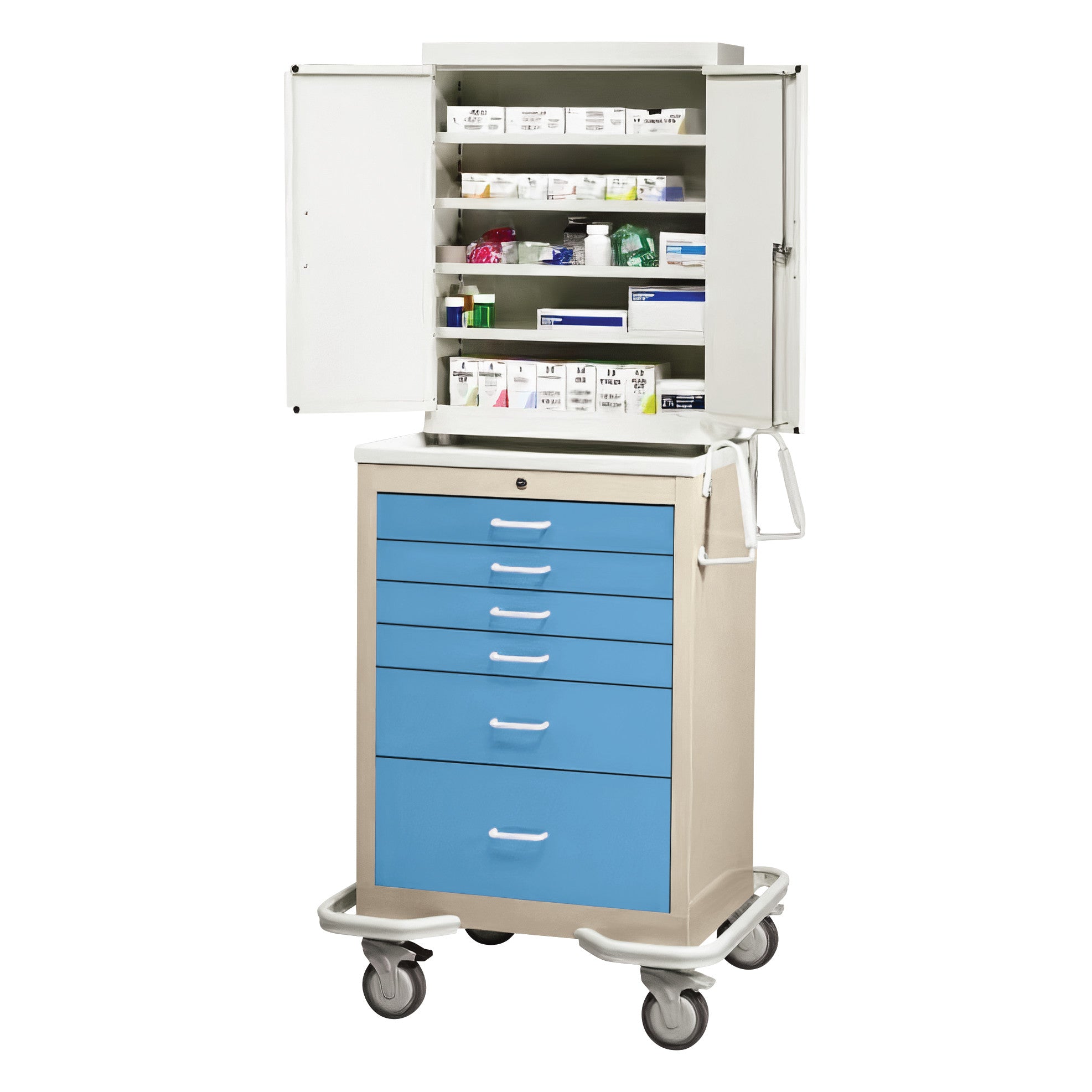 AliMed Standard Series 6-Drawer Suture Cart with Key Lock; blue drawers, open shelves filled with supplies, and swivel casters.