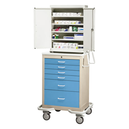 AliMed Standard Series 6-Drawer Suture Cart with Key Lock; blue drawers, open shelves filled with supplies, and swivel casters.