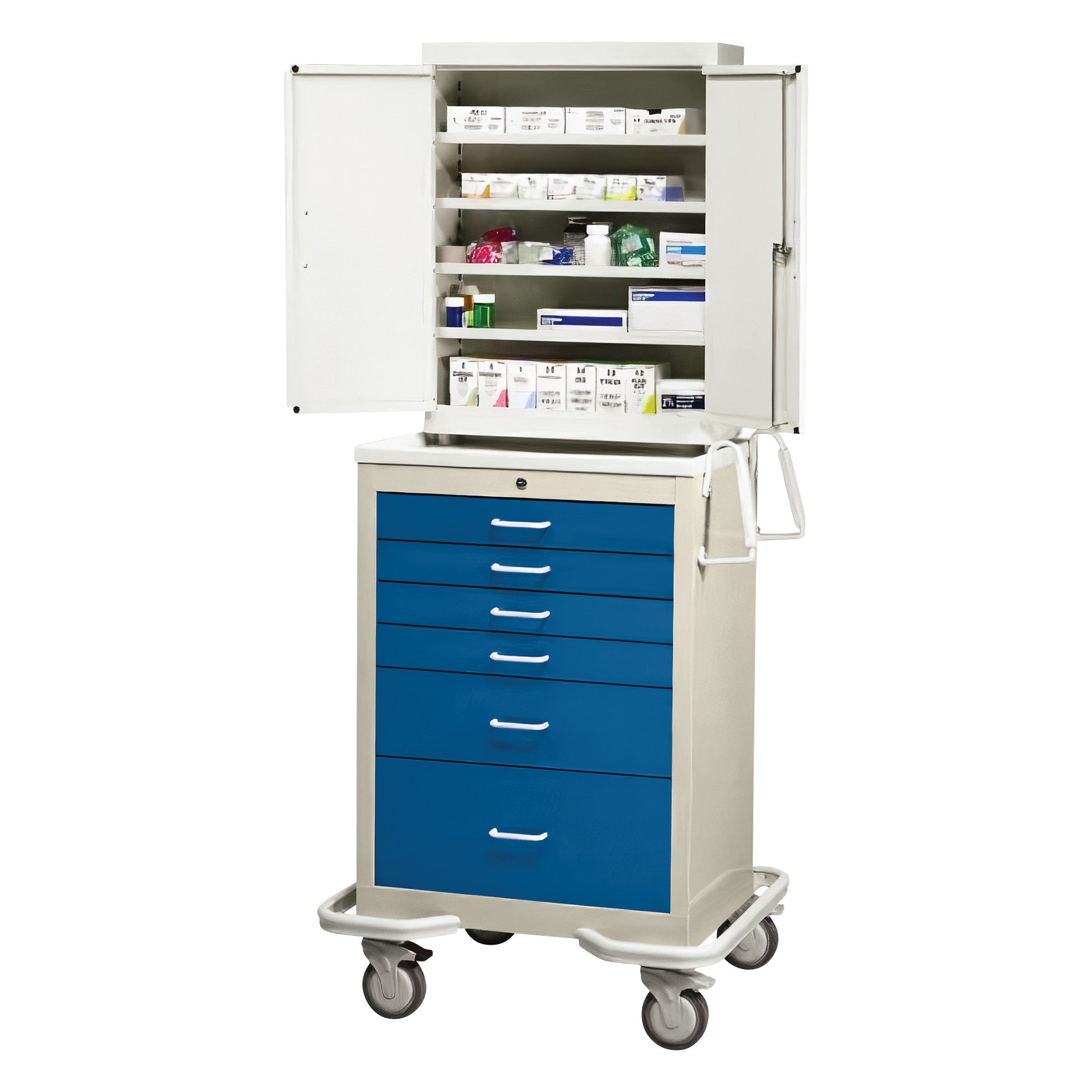 AliMed Standard Series 6-Drawer Suture Cart with Key Lock, featuring blue drawers and a top cabinet with various medical supplies.
