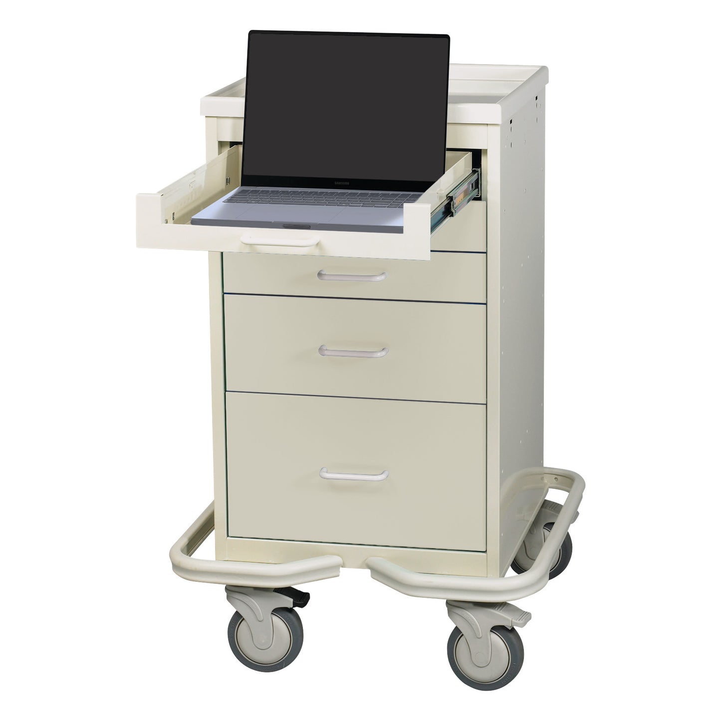 AliMed Mini Series 5-Drawer Computer Tower Cart with a laptop in the top drawer, featuring wheels and a protective outer frame.