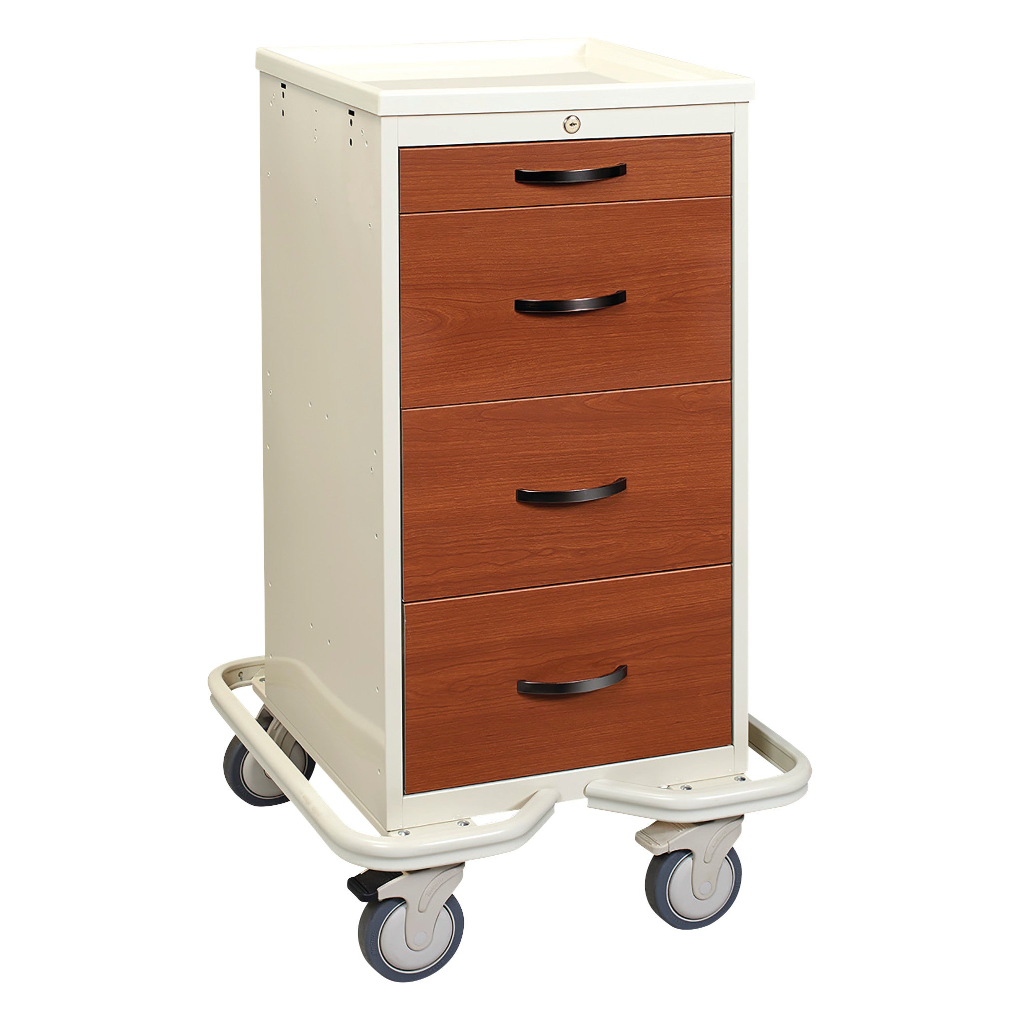 AliMed Mini Series 4-Drawer Wood-Look Tower Cart with four drawers and black handles, features a light wood design and caster wheels.