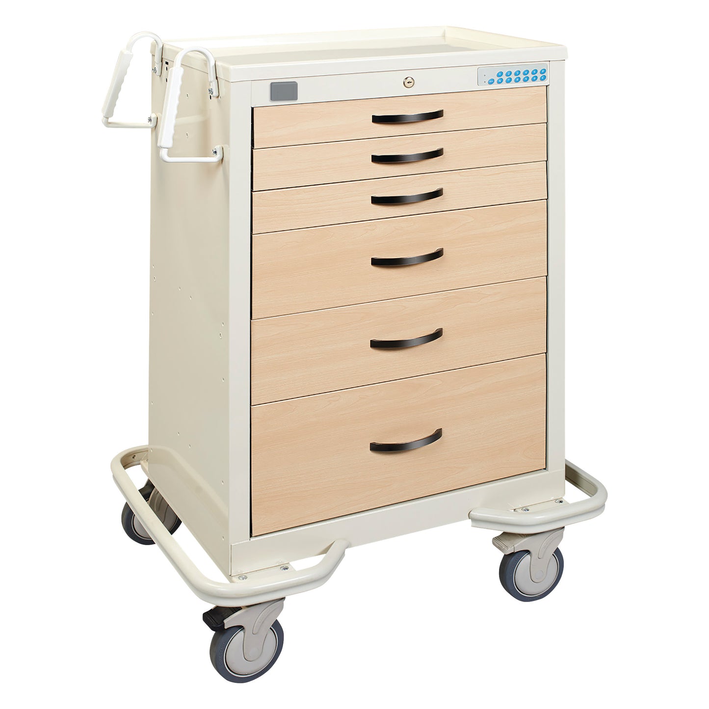 AliMed Standard Series 6-Drawer Wood-Look Medical Cart with locking system and sturdy wheels, featuring a wood-like finish.