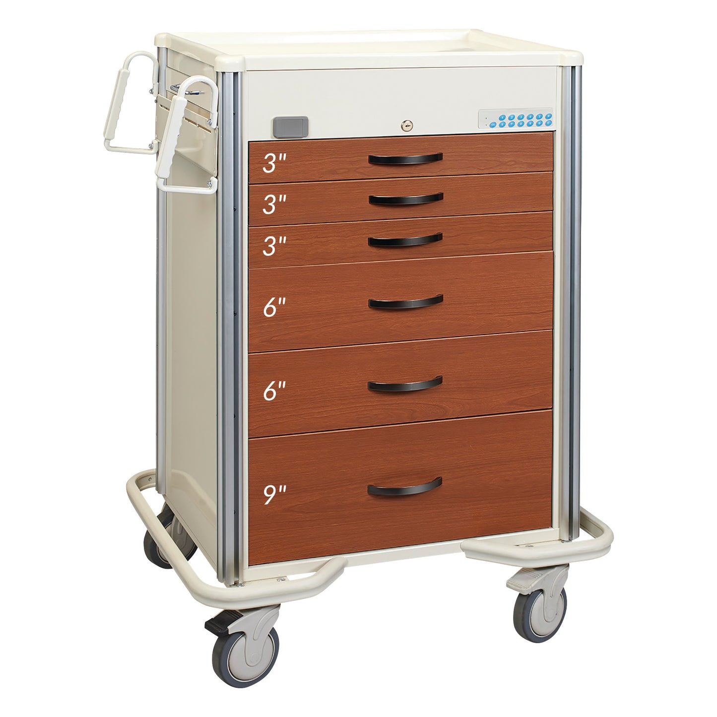 AliMed Select Series 6-Drawer Wood-Look Medical Cart with varied drawer sizes and lock, featuring wheels and a side rack.