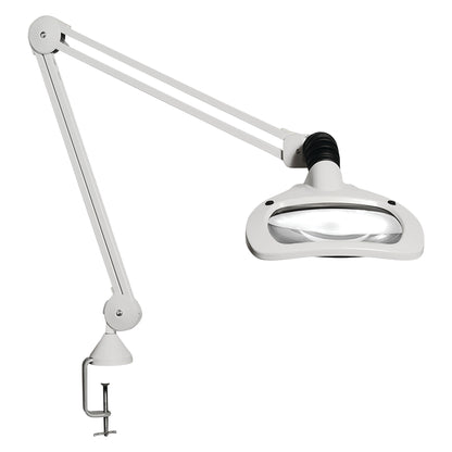 The Burton Wave LED Magnifier Light features an adjustable arm and clamp base, with a large magnifying lens in a white housing.
