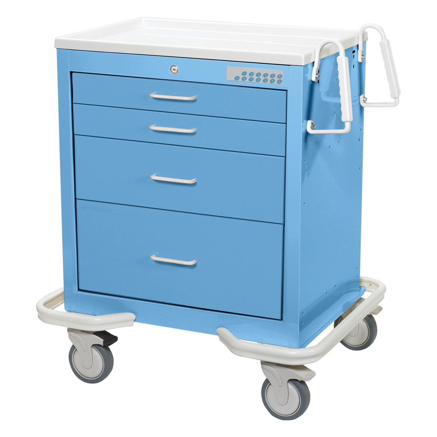 AliMed Standard Series 4-Drawer Anesthesia/Procedure Cart with Electronic Lock, in blue with wheels and handles for mobility.