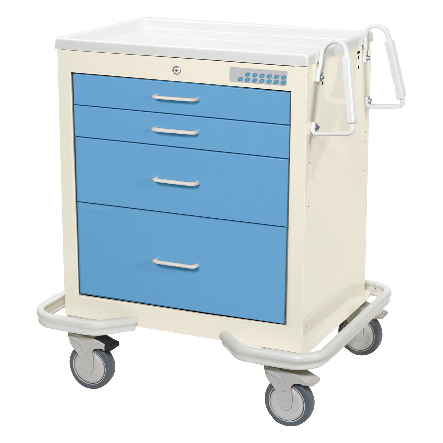 AliMed Standard Series 4-Drawer Anesthesia/Procedure Cart with Electronic Lock, featuring blue drawers and swivel casters.