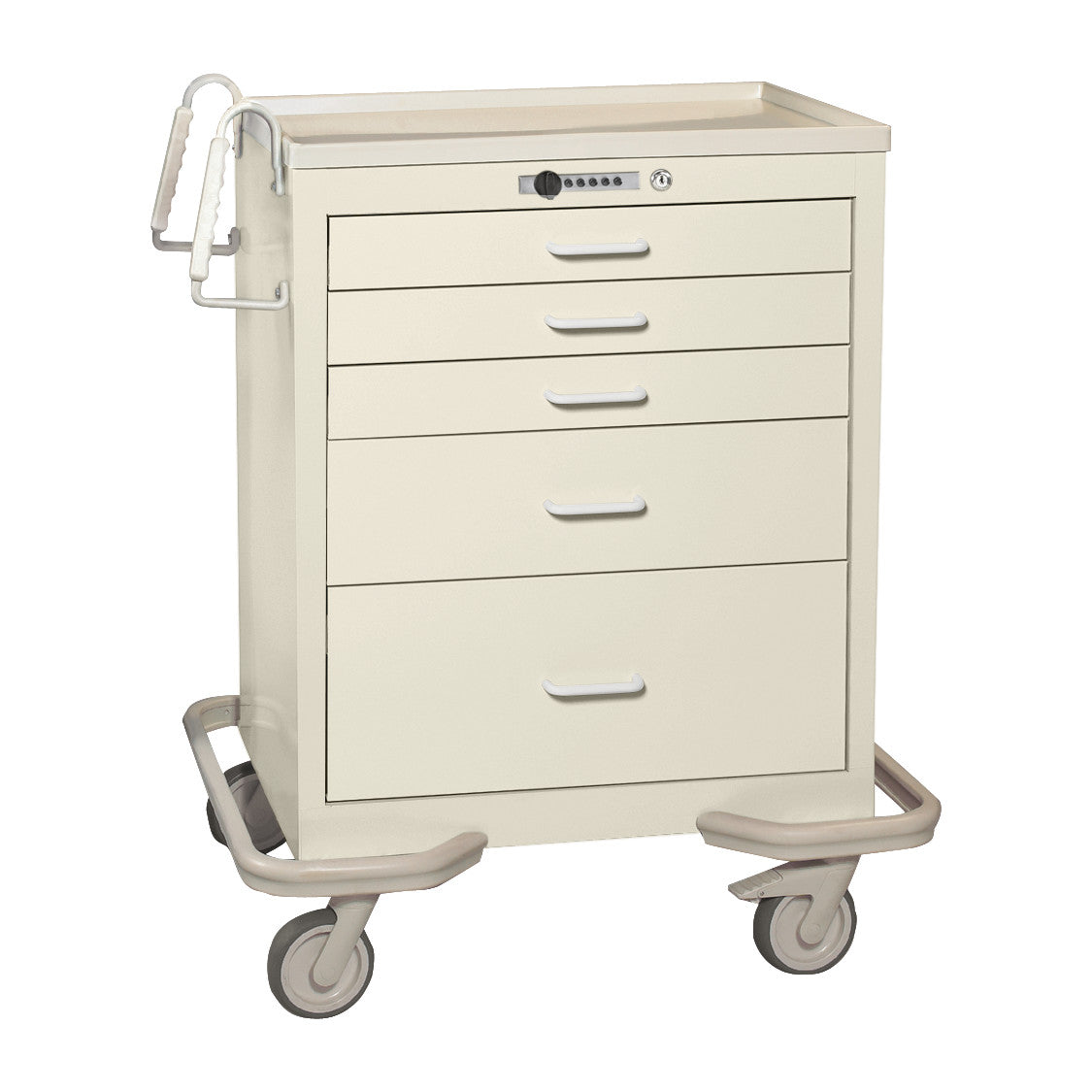 AliMed Standard Series 5-Drawer Anesthesia/Procedure Cart with Push-Button Lock. It has five drawers, handles, and wheels.