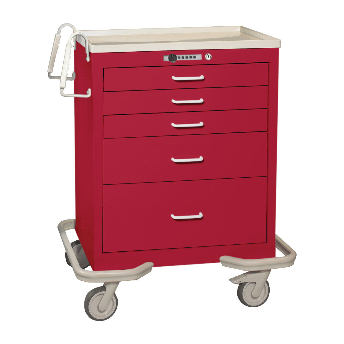 AliMed Standard Series 5-Drawer Anesthesia/Procedure Cart with Push-Button Lock, red, with four large wheels and a side handle.