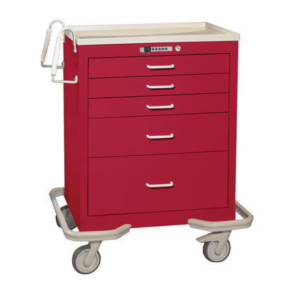 AliMed Standard Series 5-Drawer Anesthesia/Procedure Cart with Push-Button Lock, red, with four large wheels and a side handle.