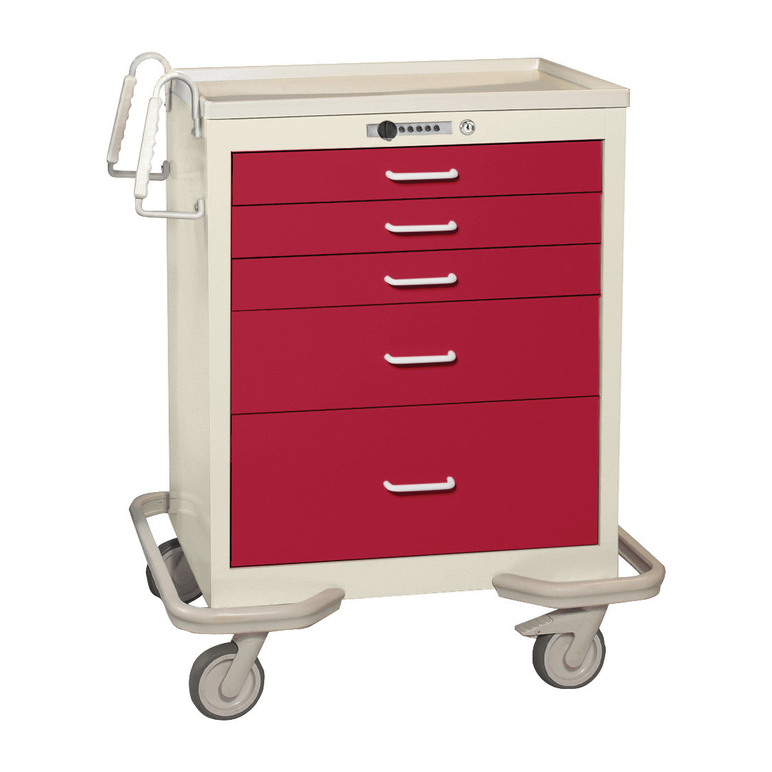 AliMed Standard Series 5-Drawer Anesthesia/Procedure Cart with Push-Button Lock, featuring red drawers and swivel caster wheels.