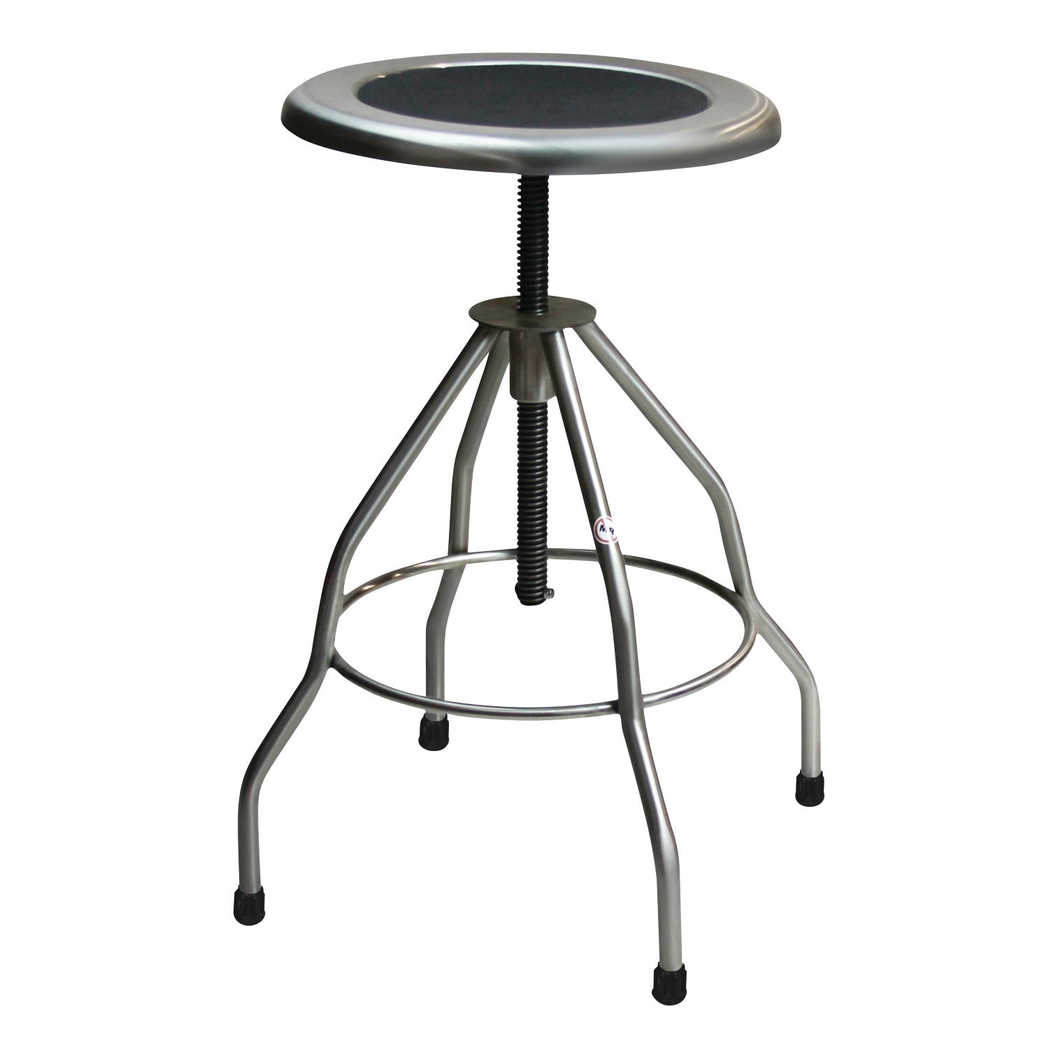 The image features a Blickman Clifton Revolving Stool with a metal frame, circular seat, and adjustable screw-style height mechanism.