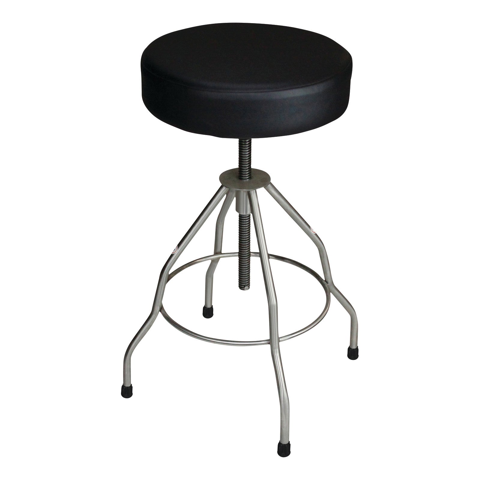A Blickman Passaic Stainless Steel Stool with a black cushioned seat and adjustable four-legged base, featuring a footrest ring.