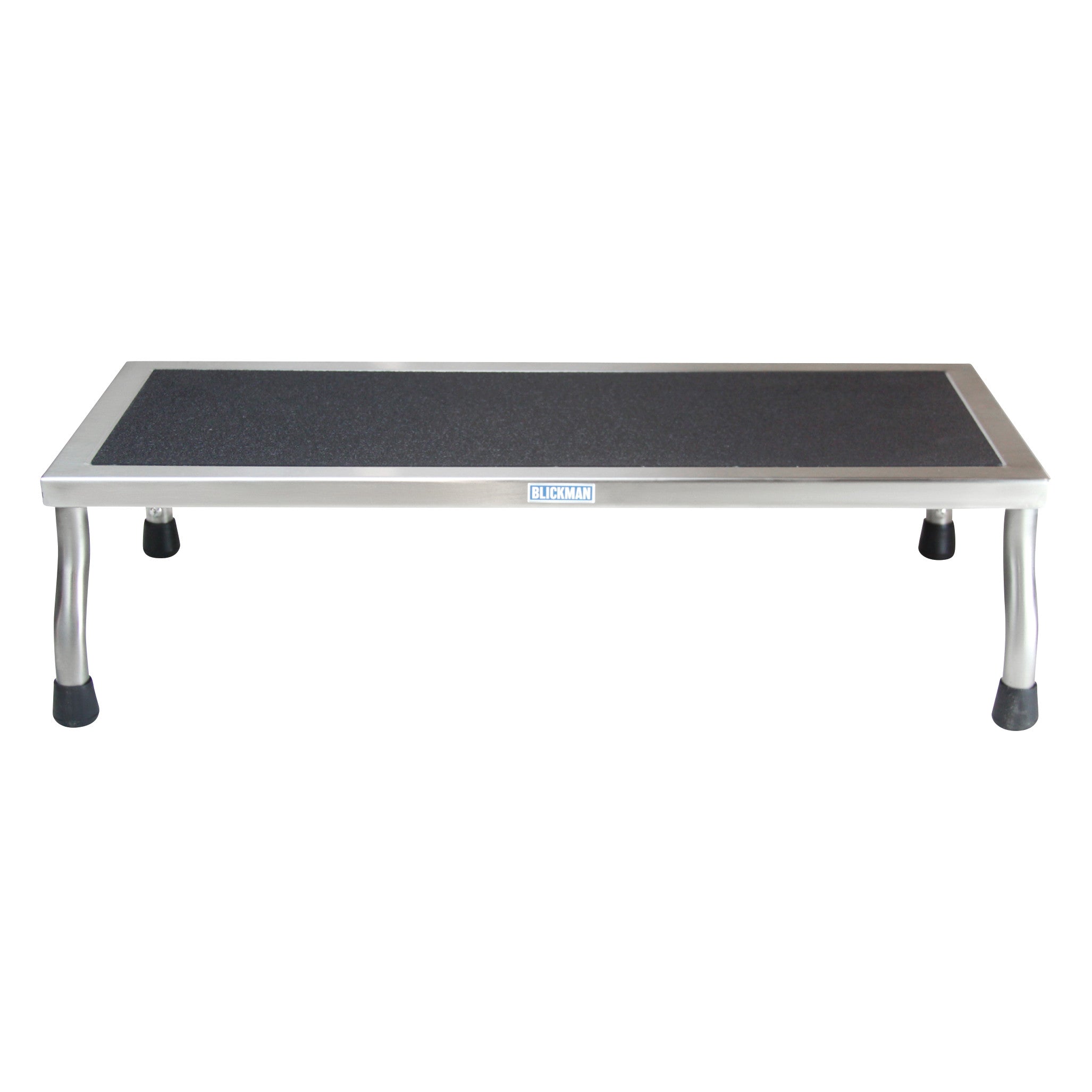 The Blickman MR-Conditional Kent Footstool features a rectangular platform with a black non-slip surface and four metal legs.