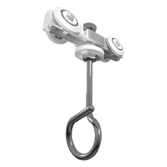 inpro Ultra Cube IV Carriage features a sleek metal hook attached to a white rolling mechanism designed for overhead tracks.